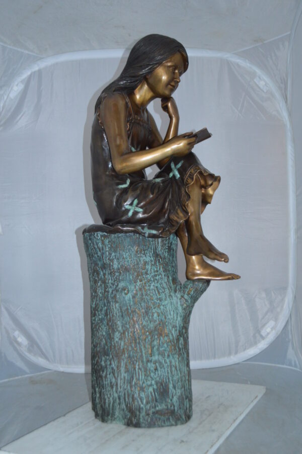 Sitting Girl on Log Reading a Book Bronze Statue -  Size: 19"L x 13"W x 48"H. - Image 5