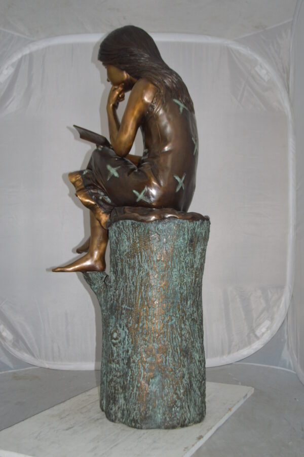 Sitting Girl on Log Reading a Book Bronze Statue -  Size: 19"L x 13"W x 48"H. - Image 10
