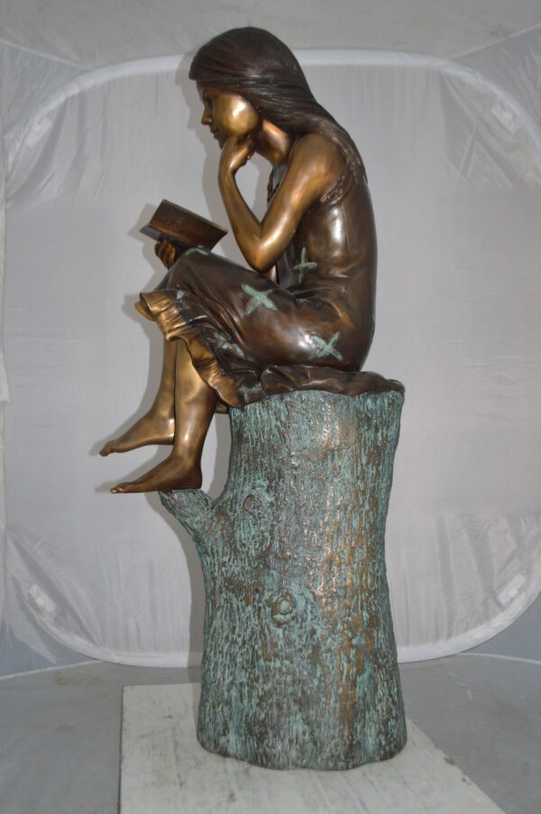 Sitting Girl on Log Reading a Book Bronze Statue -  Size: 19"L x 13"W x 48"H. - Image 11