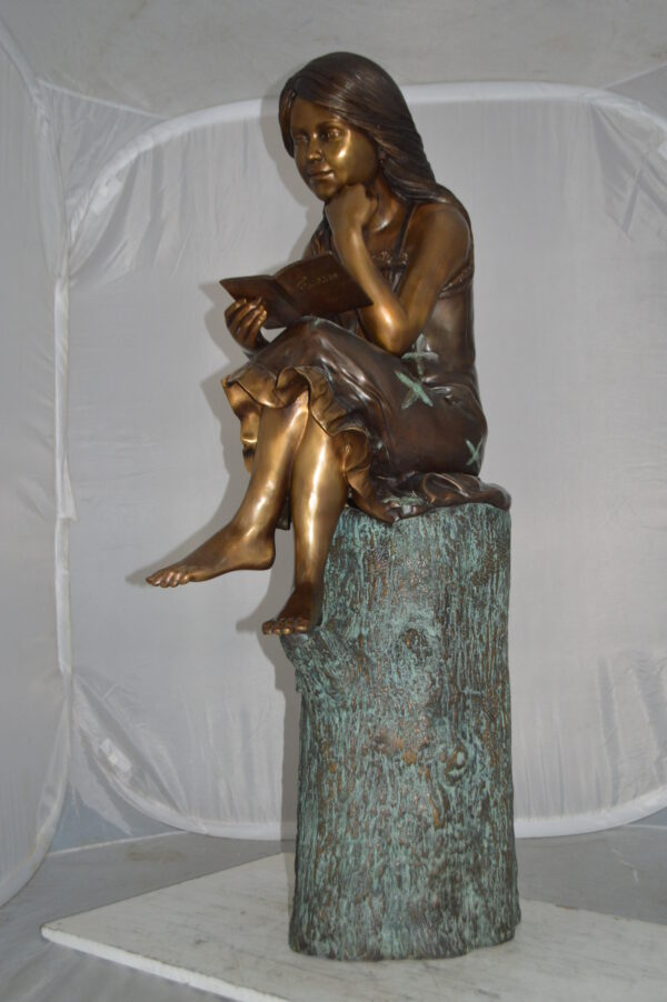 Sitting Girl on Log Reading a Book Bronze Statue -  Size: 19"L x 13"W x 48"H. - Image 12