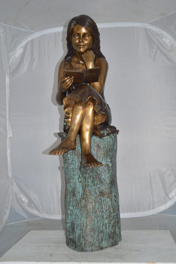Sitting Girl on Log Reading a Book Bronze Statue -  Size: 19"L x 13"W x 48"H. - Image 13
