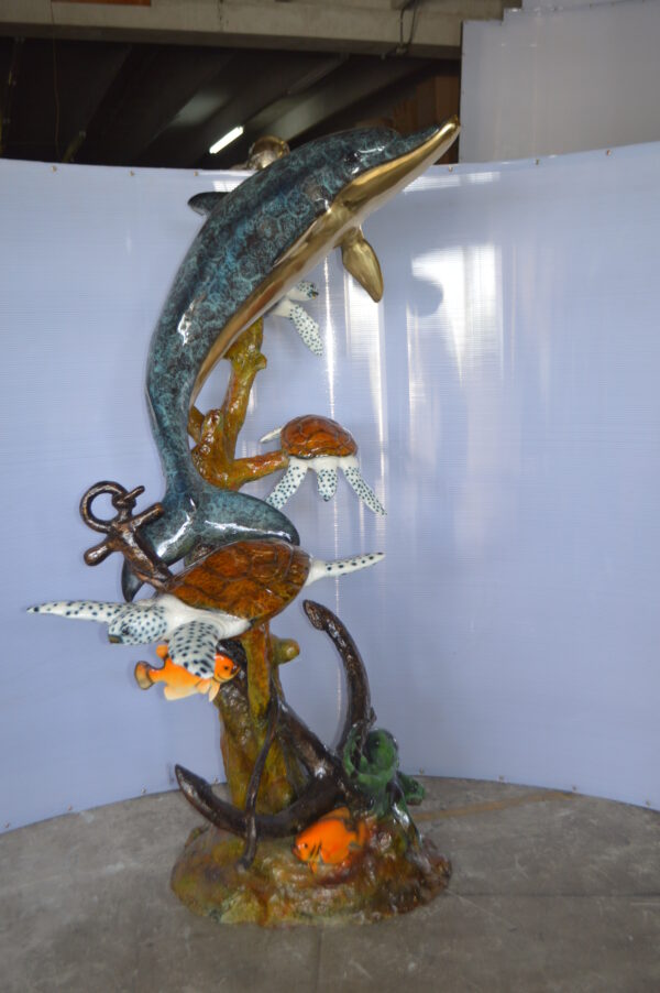 Dolphin with Three Turtles Fountain Bronze Statue -  Size: 43"L x 47"W x 74"H. - Image 3