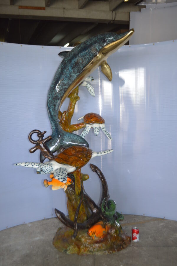 Dolphin with Three Turtles Fountain Bronze Statue -  Size: 43"L x 47"W x 74"H. - Image 13