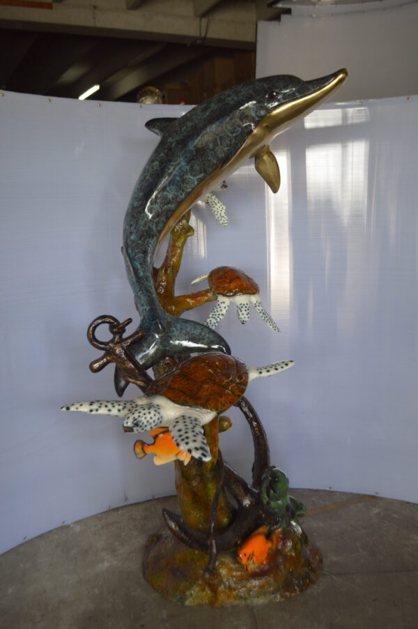 Dolphin with Three Turtles Fountain Bronze Statue -  Size: 43"L x 47"W x 74"H. - Image 4