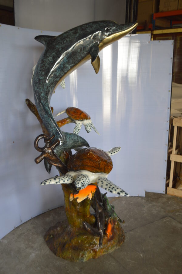 Dolphin with Three Turtles Fountain Bronze Statue -  Size: 43"L x 47"W x 74"H. - Image 5