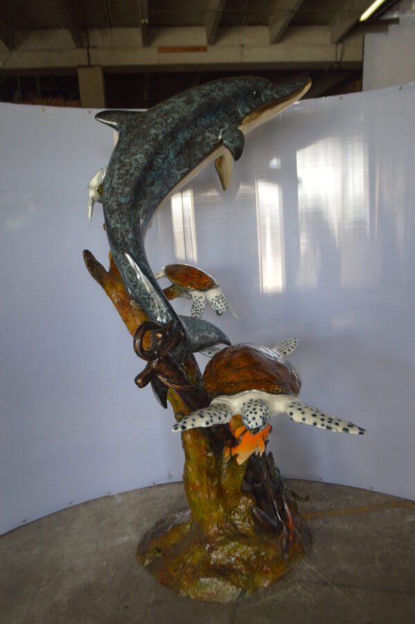 Dolphin with Three Turtles Fountain Bronze Statue -  Size: 43"L x 47"W x 74"H. - Image 6