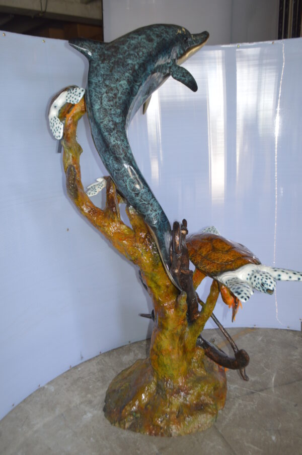 Dolphin with Three Turtles Fountain Bronze Statue -  Size: 43"L x 47"W x 74"H. - Image 7