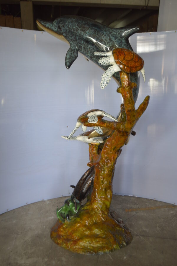 Dolphin with Three Turtles Fountain Bronze Statue -  Size: 43"L x 47"W x 74"H. - Image 10