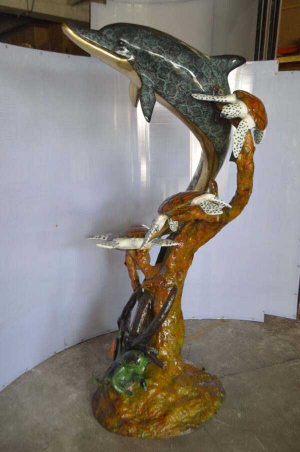 Dolphin with Three Turtles Fountain Bronze Statue -  Size: 43"L x 47"W x 74"H. - Image 11