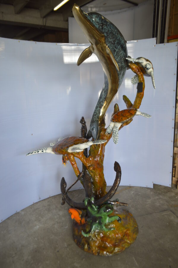 Dolphin with Three Turtles Fountain Bronze Statue -  Size: 43"L x 47"W x 74"H. - Image 12