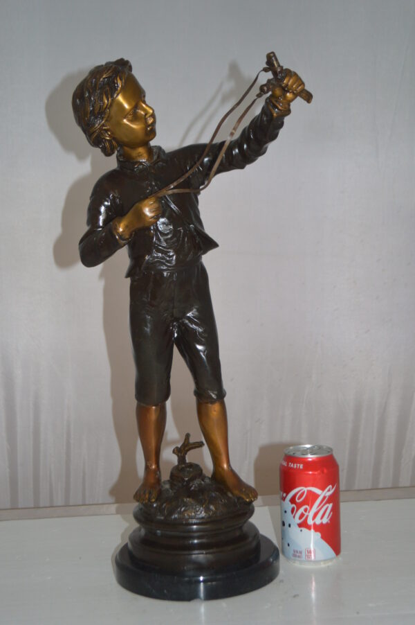 Boy with a Slingshot Bronze Statue -  Size: 12"L x 7"W x 21"H. - Image 12