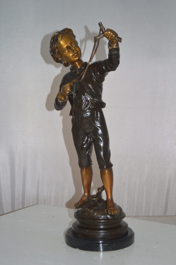 Boy with a Slingshot Bronze Statue -  Size: 12"L x 7"W x 21"H. - Image 11