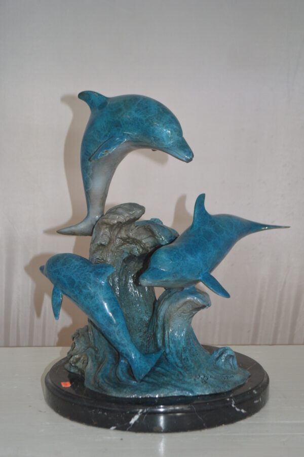 Three Jumping  Dolphins Bronze Statue -  Size: 15"L x 13"W x 18"H. - Image 3