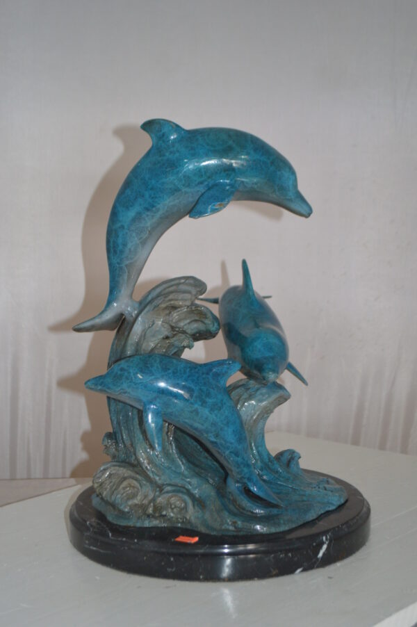Three Jumping  Dolphins Bronze Statue -  Size: 15"L x 13"W x 18"H. - Image 4