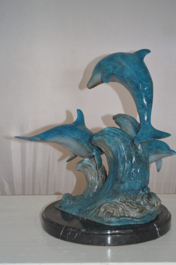 Three Jumping  Dolphins Bronze Statue -  Size: 15"L x 13"W x 18"H. - Image 7