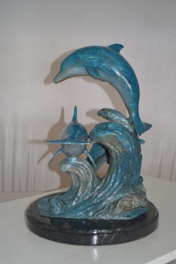 Three Jumping  Dolphins Bronze Statue -  Size: 15"L x 13"W x 18"H. - Image 8