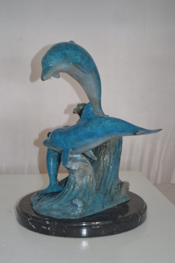 Three Jumping  Dolphins Bronze Statue -  Size: 15"L x 13"W x 18"H. - Image 9