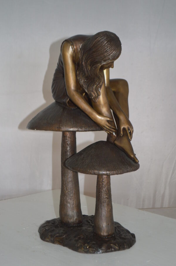Girl sitting on Mushrooms Bronze Statue -  Size: 13"L x 11"W x 18"H. - Image 6