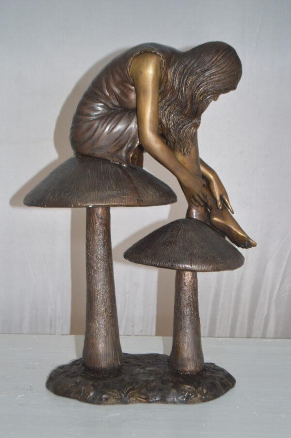 Girl sitting on Mushrooms Bronze Statue -  Size: 13"L x 11"W x 18"H. - Image 7