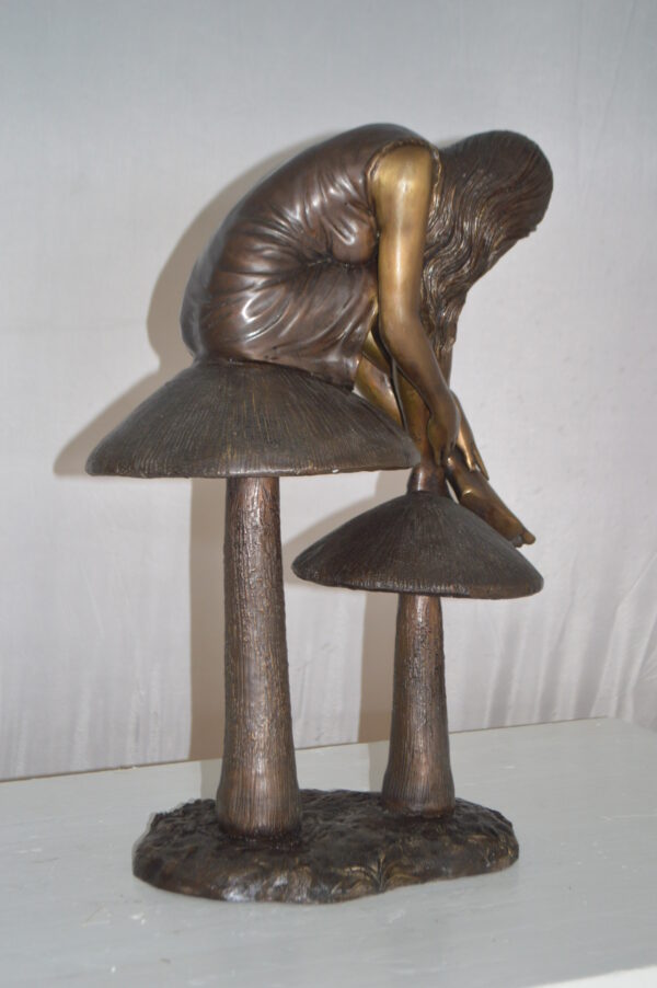 Girl sitting on Mushrooms Bronze Statue -  Size: 13"L x 11"W x 18"H. - Image 8