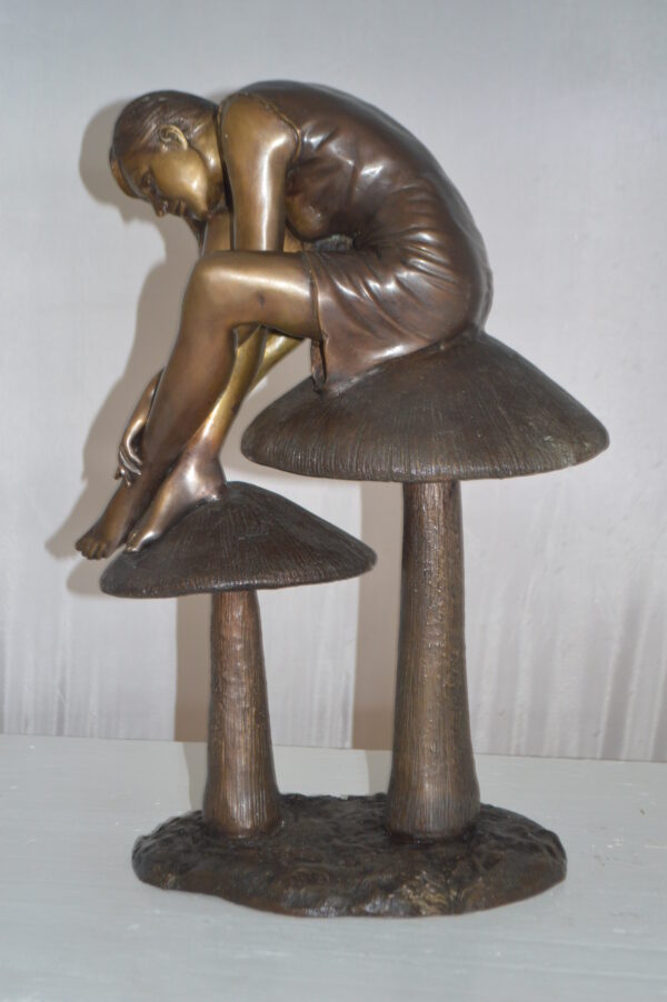 Girl sitting on Mushrooms Bronze Statue -  Size: 13"L x 11"W x 18"H. - Image 11