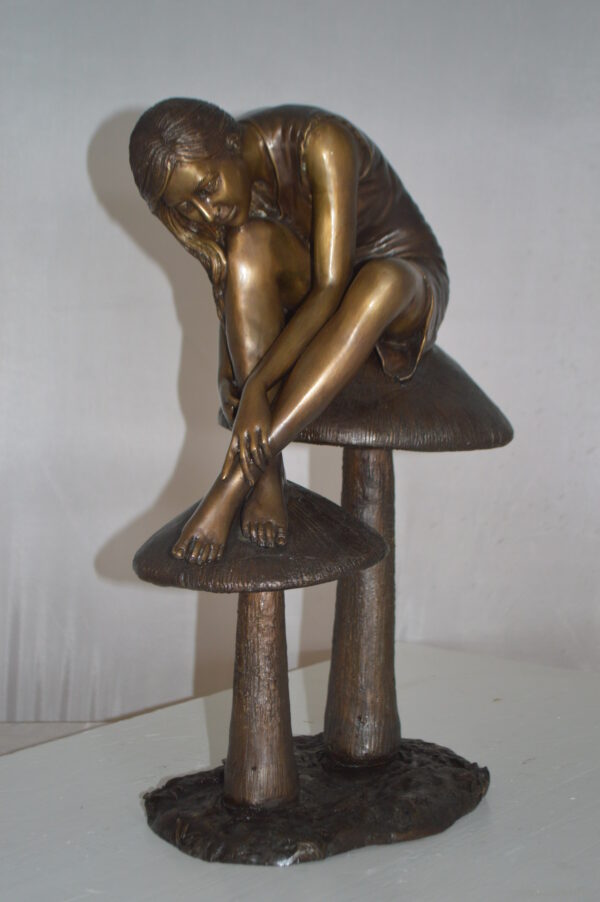 Girl sitting on Mushrooms Bronze Statue -  Size: 13"L x 11"W x 18"H. - Image 13