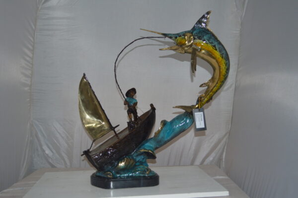 Old Man Fishing a Large Catch Bronze Statue -  Size: 27"L x 13"W x 30"H. - Image 3