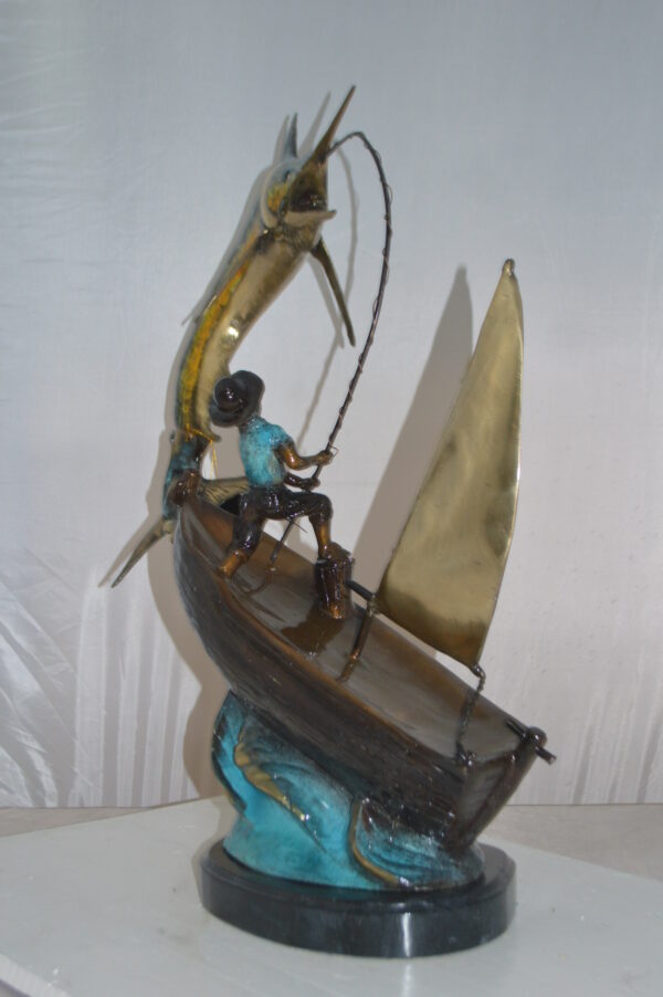 Old Man Fishing a Large Catch Bronze Statue -  Size: 27"L x 13"W x 30"H. - Image 6