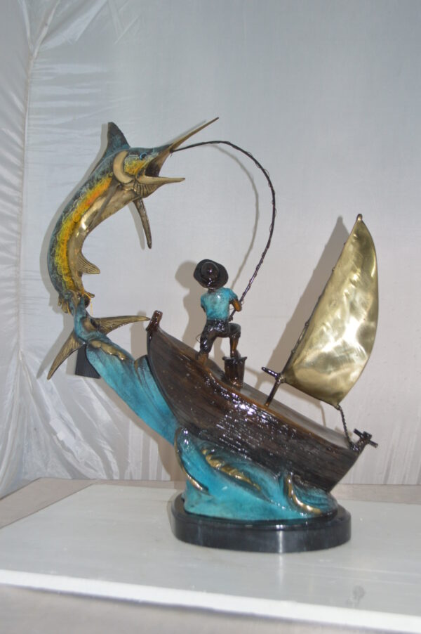 Old Man Fishing a Large Catch Bronze Statue -  Size: 27"L x 13"W x 30"H. - Image 7