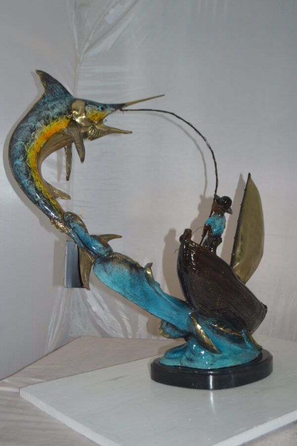 Old Man Fishing a Large Catch Bronze Statue -  Size: 27"L x 13"W x 30"H. - Image 9