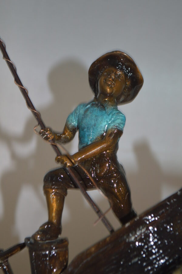 Old Man Fishing a Large Catch Bronze Statue -  Size: 27"L x 13"W x 30"H. - Image 11