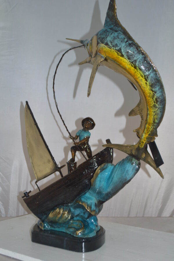 Old Man Fishing a Large Catch Bronze Statue -  Size: 27"L x 13"W x 30"H. - Image 8