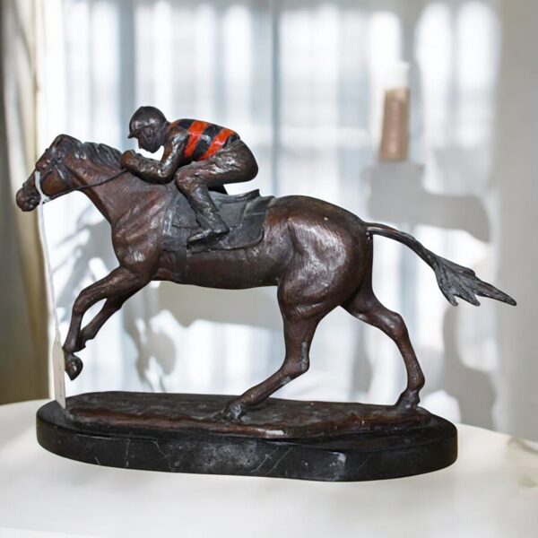 Jockey With Horse Jumping Over Hurdle Bronze Statue -  Size: 14"L x 9"W x 13"H. - Image 3