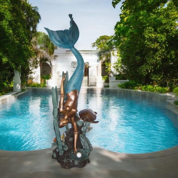 Mermaid Diving for a Pearl Fountain Bronze Statue -  Size: 34"L x 27"W x 93"H. - Image 3