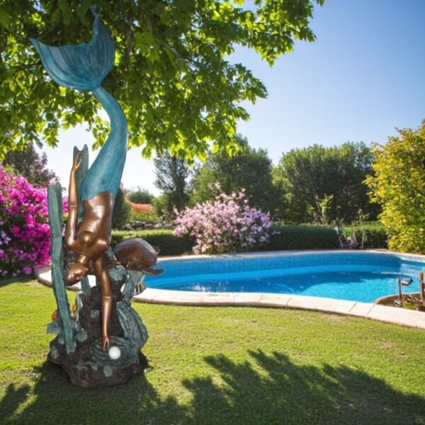Mermaid Diving for a Pearl Fountain Bronze Statue -  Size: 34"L x 27"W x 93"H. - Image 2