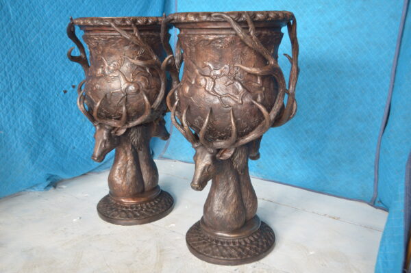 Pair of Deer Head Urn Bronze Statue -  Size: 30"L x 30"W x 48"H. - Image 5