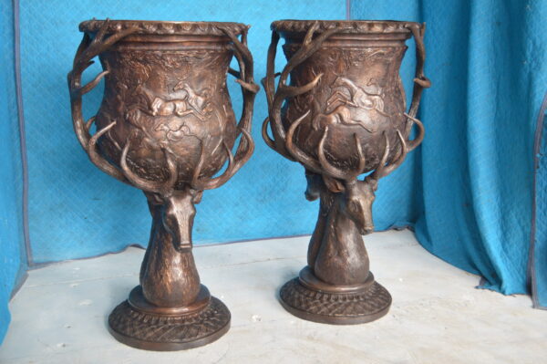 Pair of Deer Head Urn Bronze Statue -  Size: 30"L x 30"W x 48"H. - Image 6