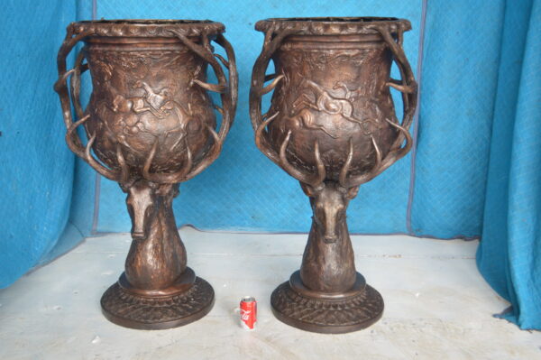 Pair of Deer Head Urn Bronze Statue -  Size: 30"L x 30"W x 48"H. - Image 9