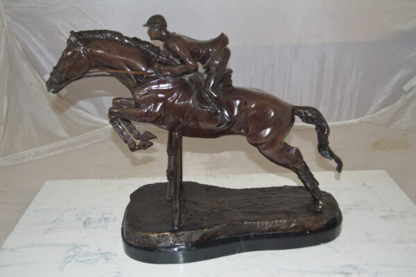 Jockey With Horse Jumping Over Hurdle Bronze Statue Medium  23"L x 10"W x 16"H. - Image 2