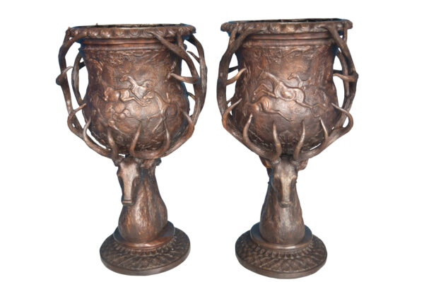 Pair of Deer Head Urn Bronze Statue -  Size: 30"L x 30"W x 48"H.