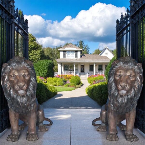 Pair of life size lion bronze statues -  Size: 55"L x 28"W x 60"H. - Image 2