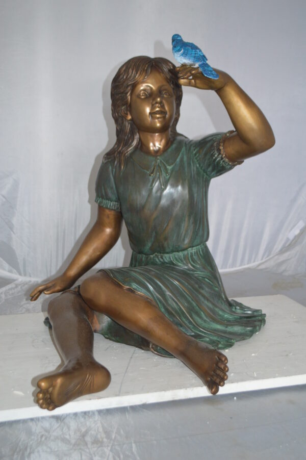 Girl with a Blue Sparrow Bronze Statue -  Size: 26"L x 31"W x 25"H. - Image 3