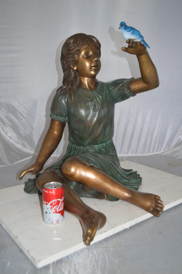 Girl with a Blue Sparrow Bronze Statue -  Size: 26"L x 31"W x 25"H. - Image 4
