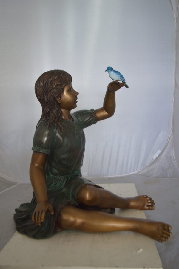 Girl with a Blue Sparrow Bronze Statue -  Size: 26"L x 31"W x 25"H. - Image 5