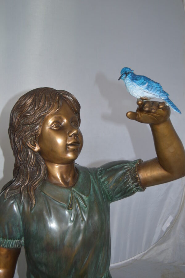 Girl with a Blue Sparrow Bronze Statue -  Size: 26"L x 31"W x 25"H. - Image 6