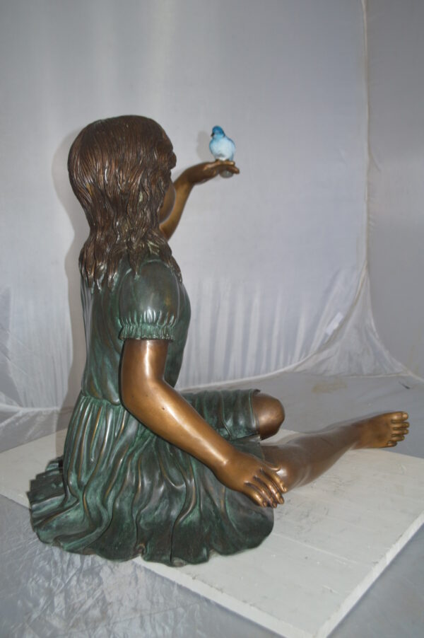 Girl with a Blue Sparrow Bronze Statue -  Size: 26"L x 31"W x 25"H. - Image 7