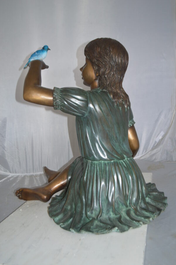 Girl with a Blue Sparrow Bronze Statue -  Size: 26"L x 31"W x 25"H. - Image 9