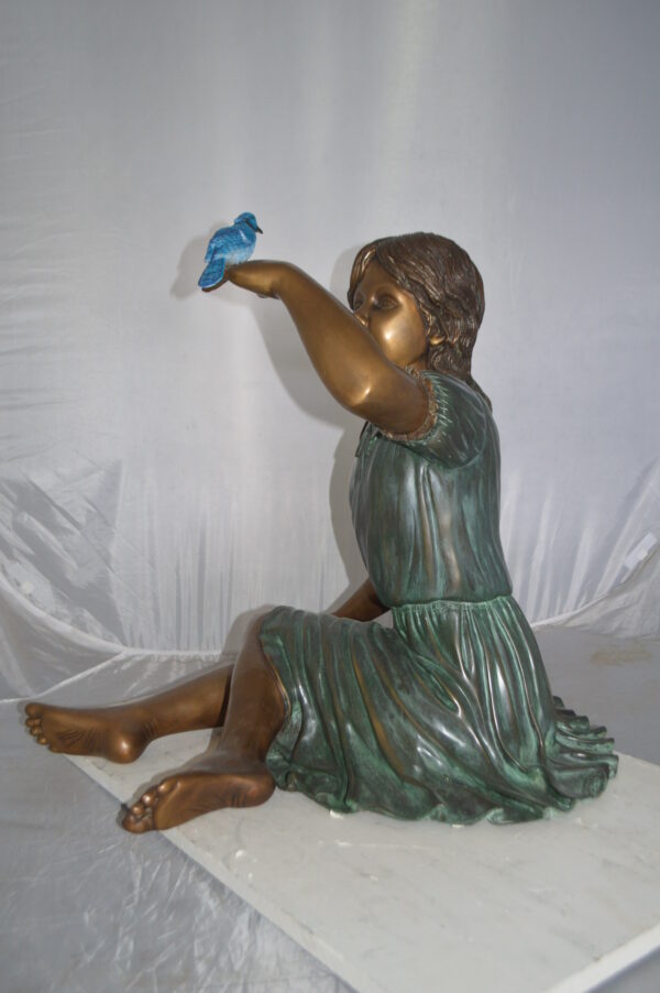 Girl with a Blue Sparrow Bronze Statue -  Size: 26"L x 31"W x 25"H. - Image 10