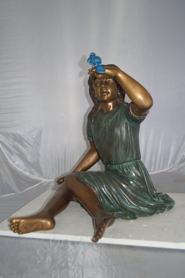Girl with a Blue Sparrow Bronze Statue -  Size: 26"L x 31"W x 25"H. - Image 11