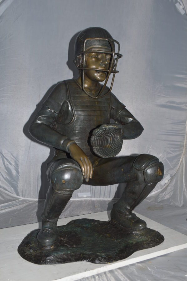 Baseball Catcher Bronze Statue -  Size: 24"L x 16"W x 36"H. - Image 3